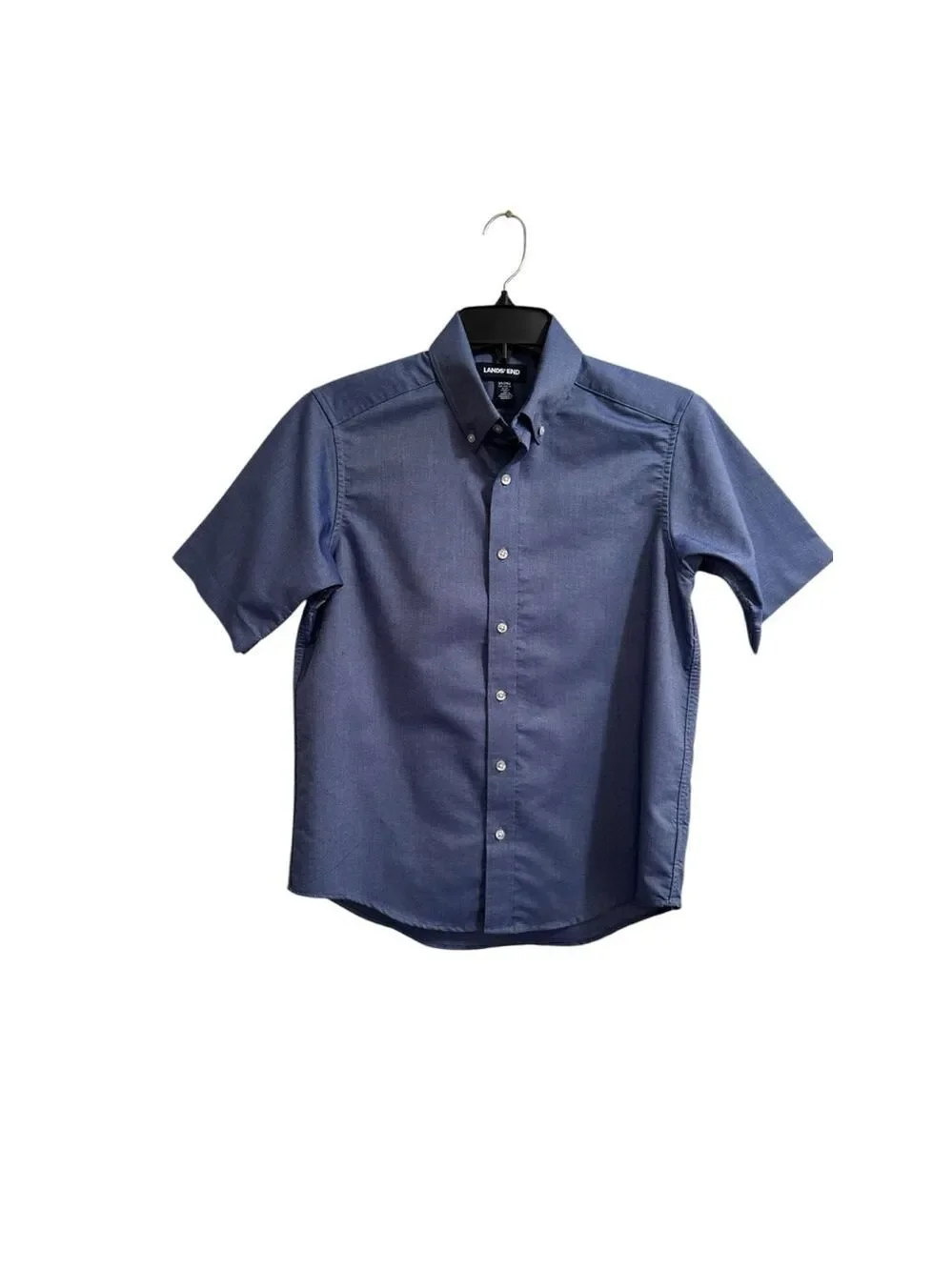 Lands End Button Down Shirt Boys 16 Blue Short Sleeves Button Collar